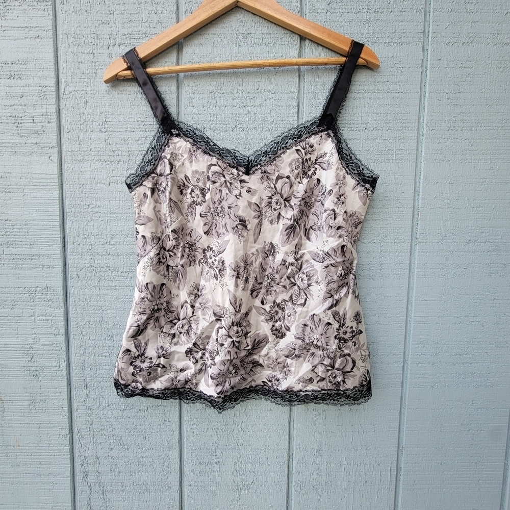 y2k Nine West 100% Silk Floral Beaded Lace Accent Camisole sz 8/10 Black Gray